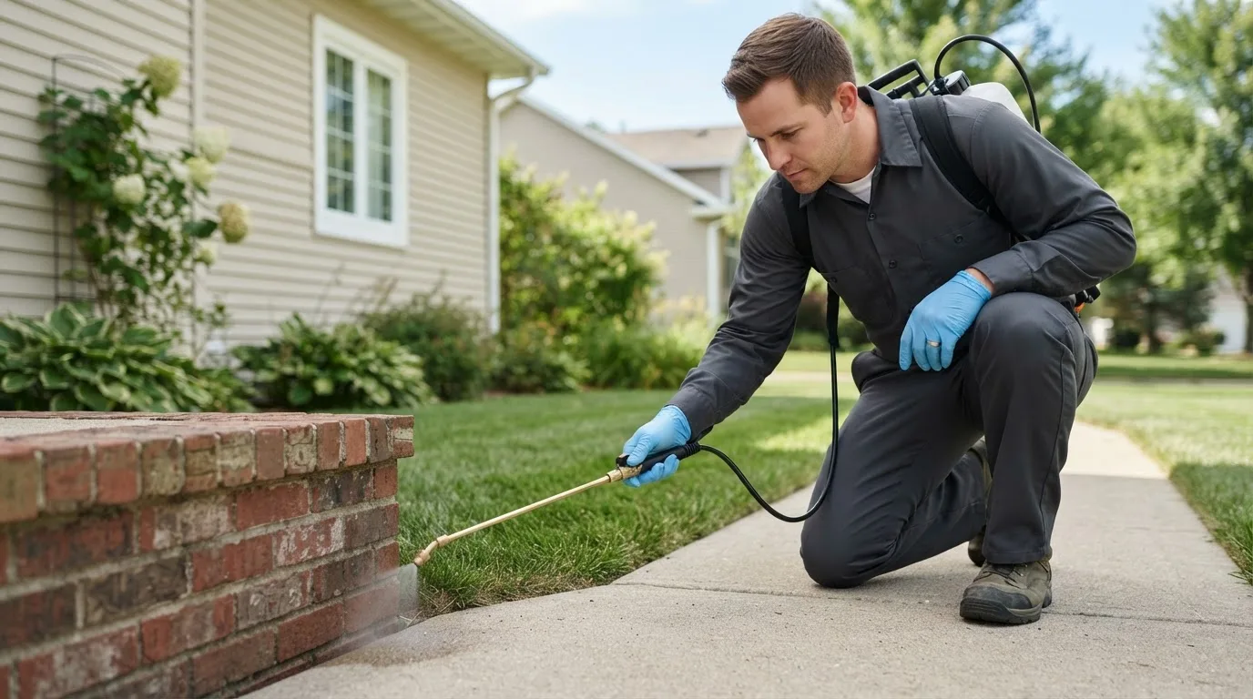 Pest control technician treating a home near Christmas Valley, OR